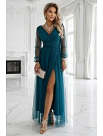 664-2 Dlouhé maxi šaty s tylovými rukávy a obálkovým výstřihem - lahvově zelené 664-2 Dlouhé maxi šaty s tylovými rukávy a obálkovým výstřihem - lahvově zelené