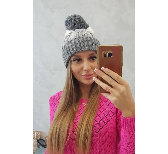 Dámská čepice s bambulí Abigail K326 šedá+bílá