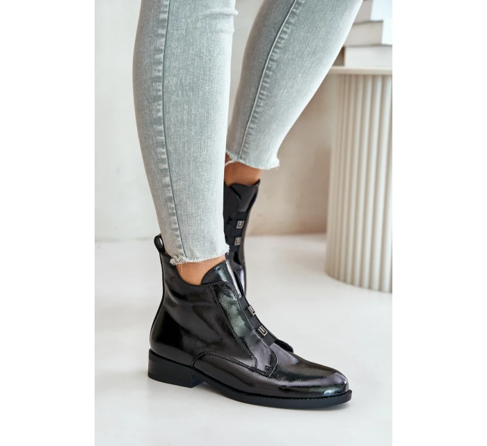 Lakované Boty Na Zip Zateplené Ploché Podpatky S.Barski HY42-717 Černé Lakované Boty Na Zip Zateplené Ploché Podpatky S.Barski HY42-717 Černé