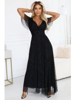 dlouhé lesklé šaty s výstřihem a krátkými rukávy černé model 21413760 - numoco basic