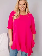Dámská blůza Plus Size s bavlnou a volánem a ohrnovacími rukávy fuchsie