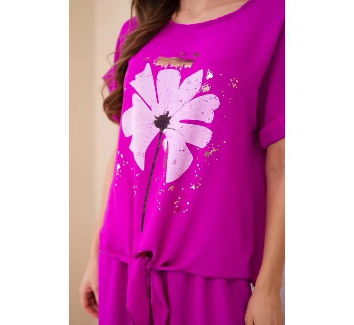 Dámský viskózový komplet s halenkou s potiskem a kalhotami tmavě fialová