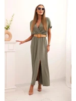 Dlouhá šaty s ozdobným pásem jasné khaki