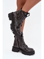 Kožené lakované dámské boty s ozdobou zateplené Artiker 57C2081 grafitové