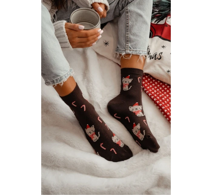 Dámské Vánoční Ponožky Kočky Čokoládové