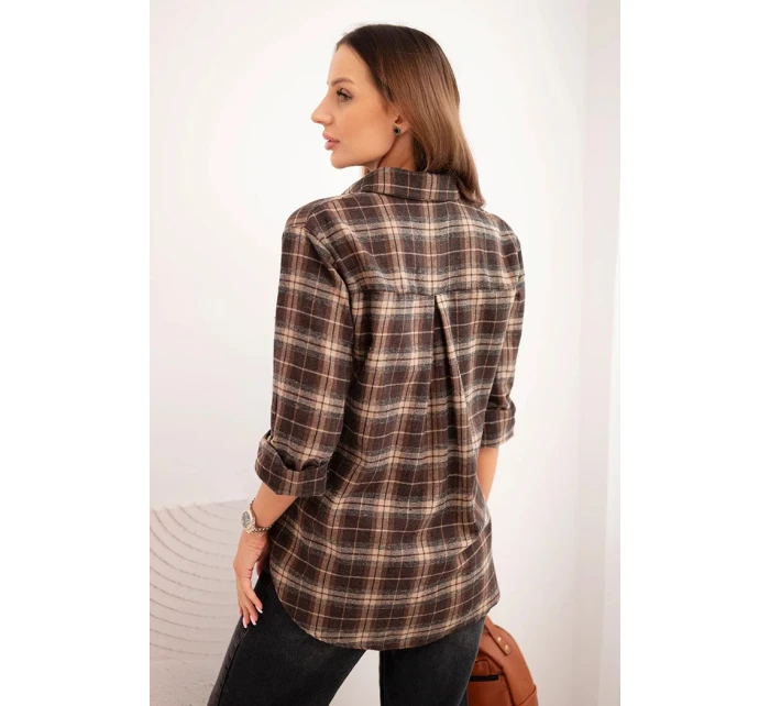 Dámská kostkovaná bavlněná košile s delším zadním dílem hnědá + camelový