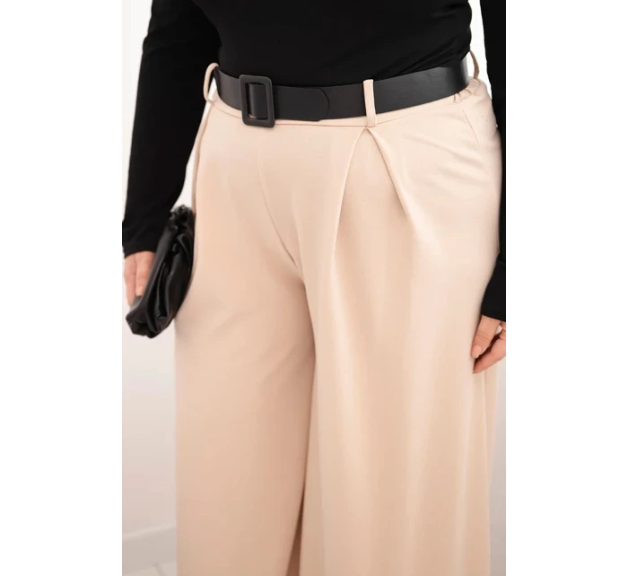 Dámské kalhoty Plus Size s širokou nohavicí a páskem béžové