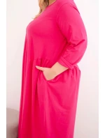 Dámská suknička Plus Size bavlněná s dlouhým rukávem a řasením v pase fuchsie