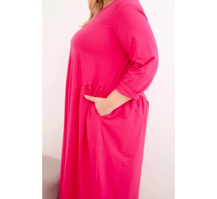 Dámská suknička Plus Size bavlněná s dlouhým rukávem a řasením v pase fuchsie