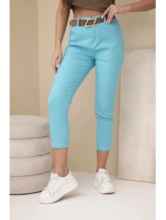 Dámské jarní kalhoty Boyfriend s vysokým pasem a páskem M.Sara tyrkysové