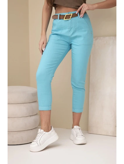 Dámské jarní kalhoty Boyfriend s vysokým pasem a páskem M.Sara tyrkysové