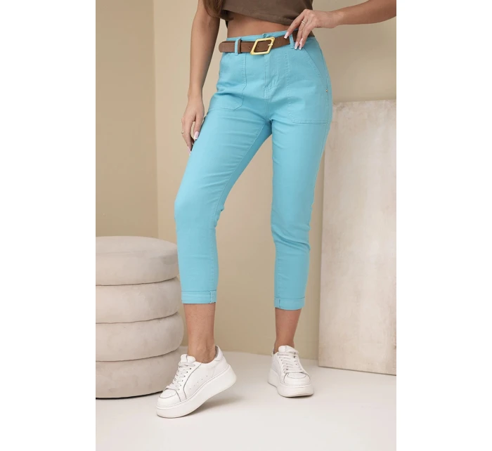 Dámské jarní kalhoty Boyfriend s vysokým pasem a páskem M.Sara tyrkysové