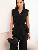 Dámský komplet s vázanou halenkou a širokými kalhotami černý