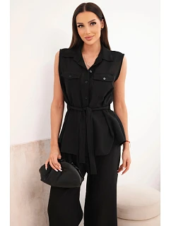 Dámský komplet s vázanou halenkou a širokými kalhotami černý