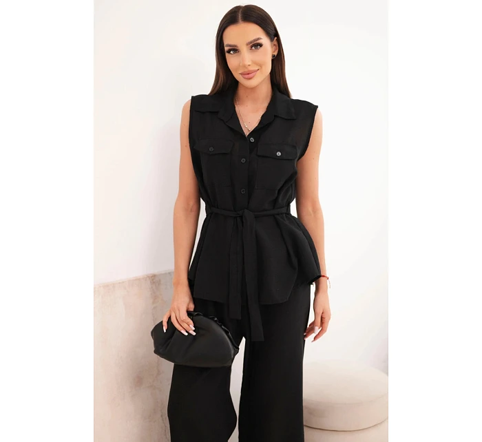 Dámský komplet s vázanou halenkou a širokými kalhotami černý