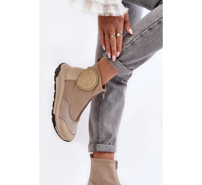 Dámské kožené boty s zipem model 21639047 béžové - Maciejka Dámské kožené boty s zipem model 21639047 béžové - Maciejka