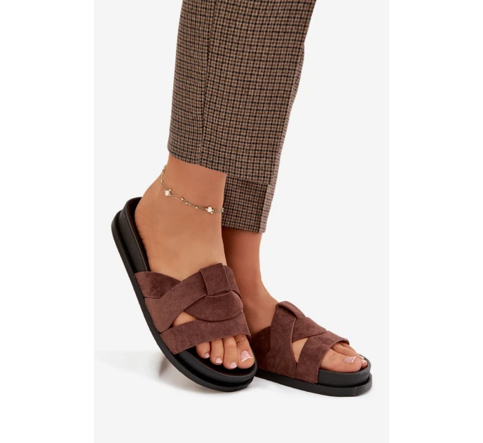 Dámské pantofle Eko semiš s pásky tmavě hnědé model 21918929 - Boto Dámské pantofle Eko semiš s pásky tmavě hnědé model 21918929 - Boto