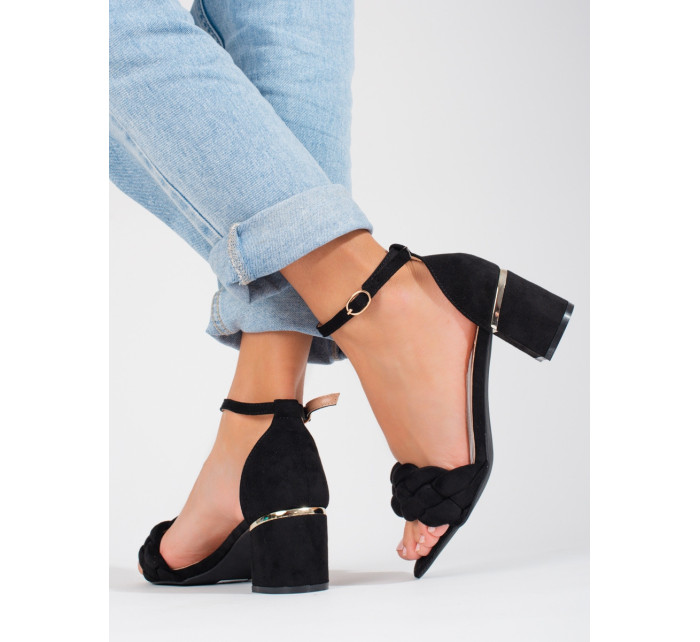 Designové dámské  sandály černé na širokém podpatku