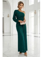 658-2 Třpytivé maxi šaty na jedno rameno s asymetrickými rukávy a rozparkem - lahvově zelené 658-2 Třpytivé maxi šaty na jedno rameno s asymetrickými rukávy a rozparkem - lahvově zelené