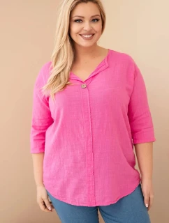 Dámská bavlněná halenka Plus Size s výstřihem na knoflíky růžová