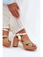 Kožené Sandály Na Podpatku S Pletením Na  Zlaté model 21697421 - Zazoo