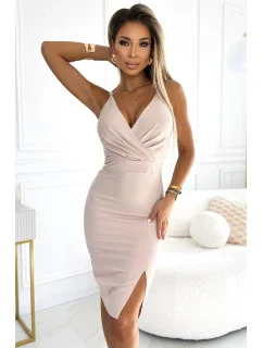 555-1 Elegantní midi šaty s výstřihem a rozparkem na nohou - BEACH