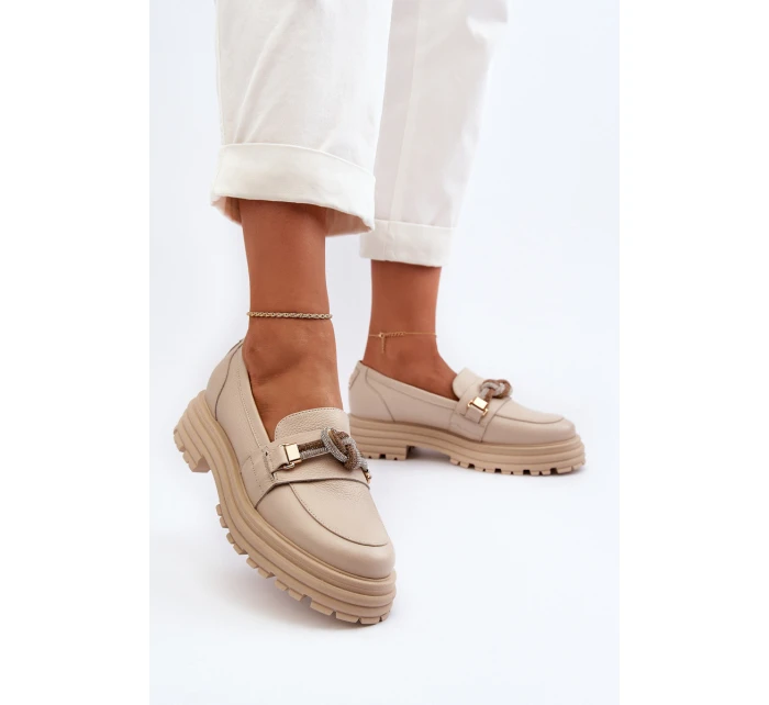 Dámské kožené mokasíny s ozdobou model 21652964 béžové - Laura Messi