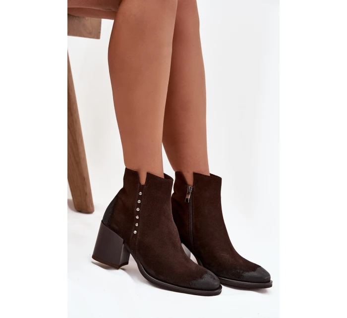Dámské kotníkové boty z přírodního semiše na podpatku Zazoo 1136 čokoládové