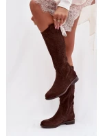 Dámské síťované kozačky na nízkém podpatku model 21998041 Čokoládové - S.Barski