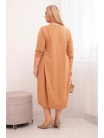 Dámská bavlněná šaty Plus Size s ohrnutým rukávem a kapsami camelová