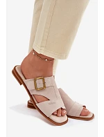 Semišové dámské nazouváky na plochém podpatku s přezkou Big Star TT274476 Béžové