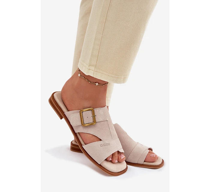 Semišové dámské nazouváky na plochém podpatku s přezkou Big Star TT274476 Béžové