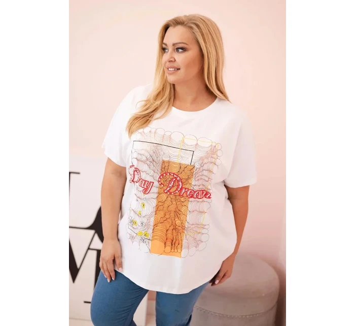 Dámská bavlněná halenka Plus Size s potiskem  bílá + oranžová model 21175961 - K-Fashion