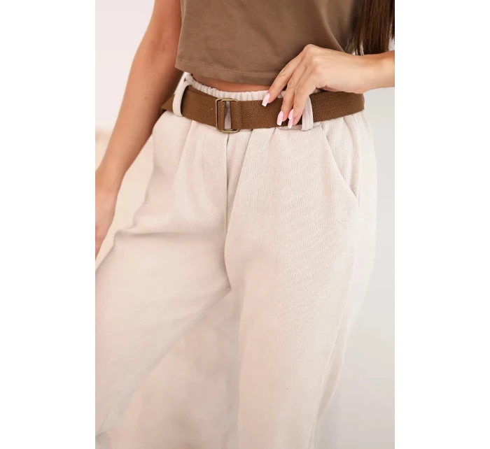 Dámské kalhoty s páskem pruhované béžové