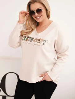 Dámská mikina Plus Size s nápisem a výstřihem do V béžová