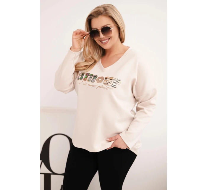 Dámská mikina Plus Size s nápisem a výstřihem do V béžová Dámská mikina Plus Size s nápisem a výstřihem do V béžová