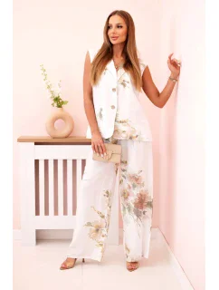 Dámská souprava z viskózy, vesta a kalhoty květinové bílý