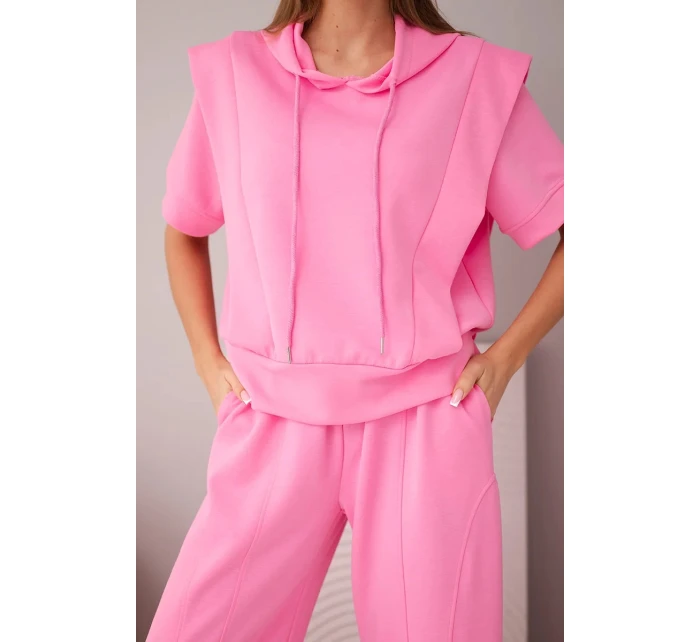 Dámský máslový komplet mikina s kapucí a volné kalhoty se šňůrkou světle růžová