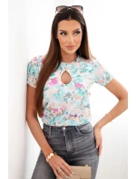 Dámská viskózová žebrovaná halenka s květinovým potiskem mátová