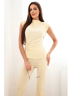 Dámský komplet s nařasenou blůzkou a širokými kalhotami žlutý
