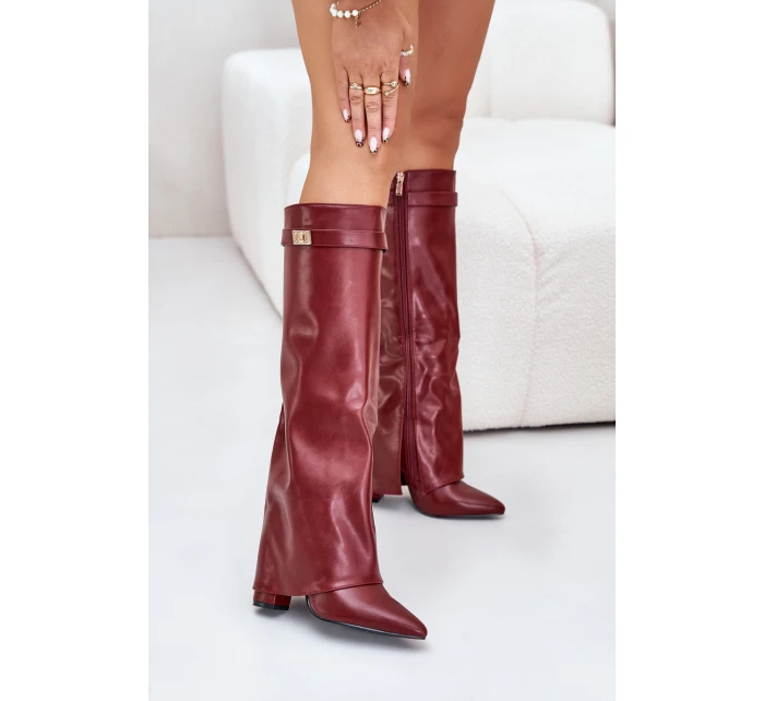 Dámské Kozačky Eko Kůže S Otočeným Svrškem Na Podpatku Bordové Avamora