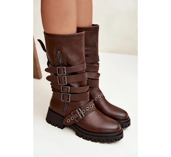 Zateplené dámské kozačky s pásky a přezkami hnědé model 21710891 - Boto
