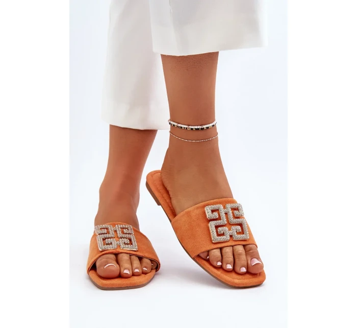 Dámské pantofle na plochém podpatku se zdobením, oranžová vložka Dámské pantofle na plochém podpatku se zdobením, oranžová vložka