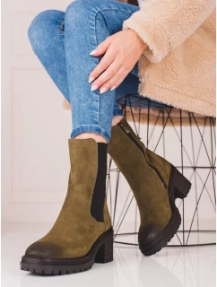 Zajímavé dámské  kotníčkové boty hnědé na širokém podpatku