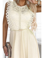Béžové dámské šaty s krajkou a zlatým opaskem model 18622703 - numoco basic