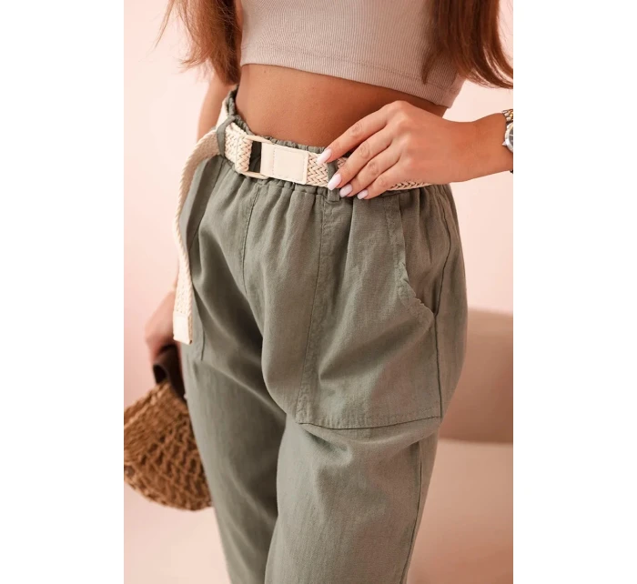 Dámské lněné kalhoty s bavlnou a páskem khaki