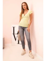 Dámská bavlněná žebrovaná halenka v pruhy s výstřihem a ozdobným kroužkem zelená