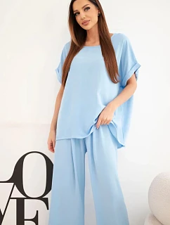 Dámský komplet Plus Size halenka a kalhoty s širokými nohavicemi modrý