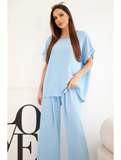 Dámský komplet Plus Size halenka a kalhoty s širokými nohavicemi modrý Dámský komplet Plus Size halenka a kalhoty s širokými nohavicemi modrý