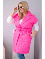 Dámská vesta Plus Size prošívaná s páskem a límcem neonově růžová